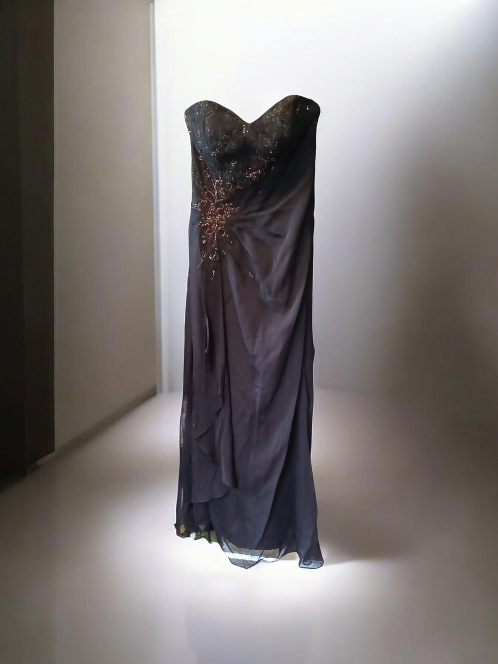 Mon Cheri Strapless Black Evening Gown with Gold Embellishment